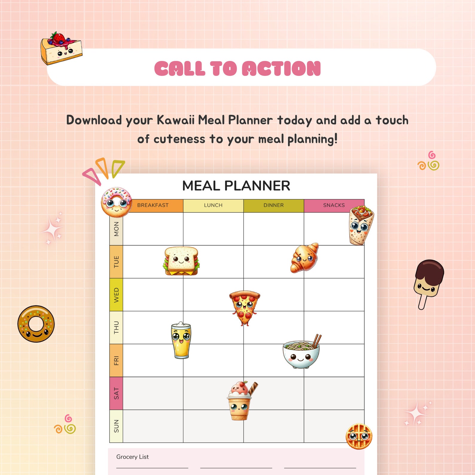 Kawaii Meal Planner Printable PDF | Cute Weekly Meal Planning Template ...