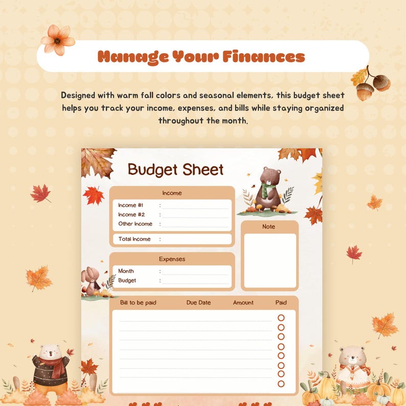 Fall-themed Budget Sheet | Printable & Digital | Autumn Budget Planner ...