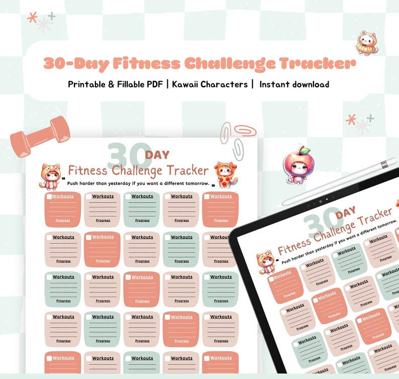 30-day Fitness Challenge Tracker | Kawaii Workout Planner (printable ...