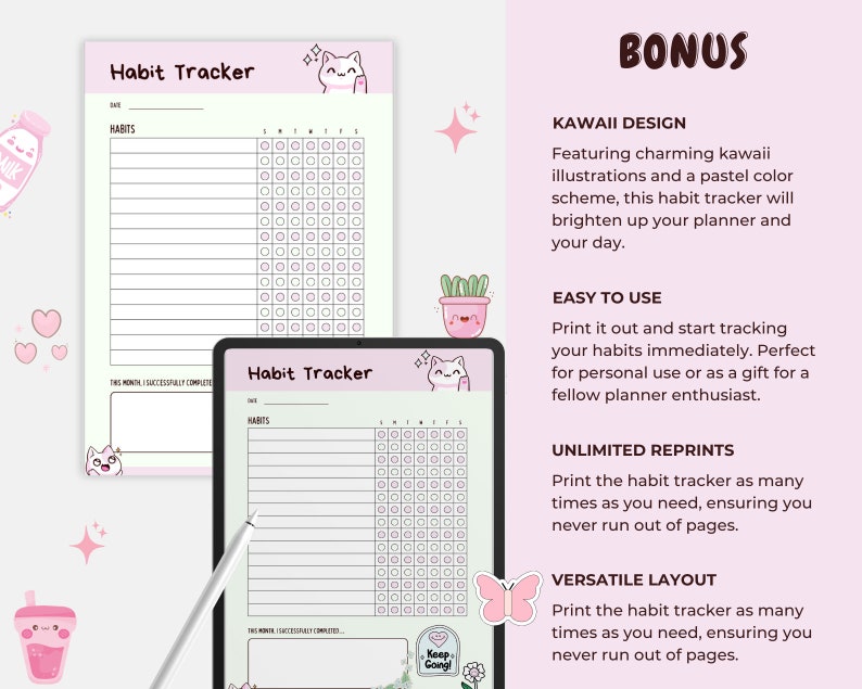 Kawaii Habit Tracker Digital Download | Cute Printable Planner Insert ...