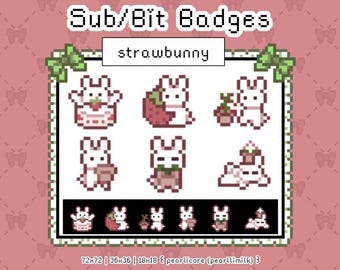 Strawbunnies Badge Set | strawberry rabbit Twitch Sub / Bit Badges | Channel Points Icons | white bunny | YouTube Discord