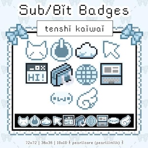 Puede incluir: Un conjunto de 12 insignias de pixel art en un esquema de color azul claro y blanco. Las insignias presentan varios iconos, incluyendo un gato, un botón de encendido, una nube, un cursor, una carpeta con el texto "HI!" dentro, una computadora, un globo terráqueo, una computadora portátil, una cara con una expresión de sorpresa, un ala y un corazón. El texto "Sub/Bit Badges" y "tenshi kaϊωαί" está en la parte superior de la imagen. El texto "72x72 | 36x36 | 18x18 pearlicore (pearllimilk) 3" está en la parte inferior de la imagen.