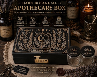 Donkere botanische opbergdoos, gegraveerd houten apothekersaandenken, Witchy opberger
