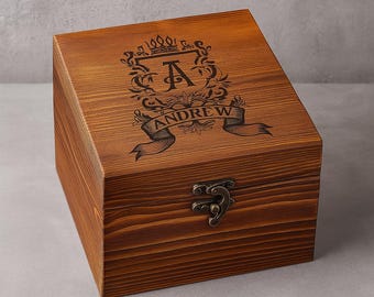 Whiskycadeauset met monogram – gegraveerd grenen kistje met glas en stenen