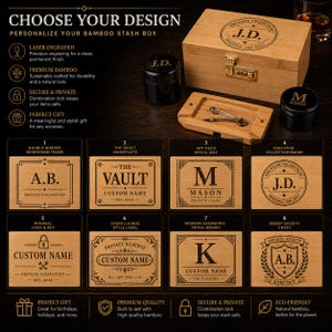 Personalized Bamboo Stash Box, Custom Engraved Lockable Storage, Smell Proof Organizer (Compact)