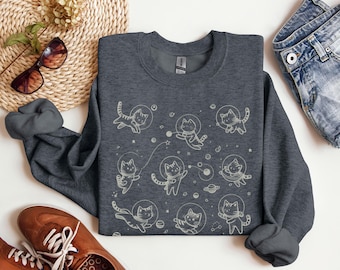 Cats in Space Retro Unisex Heavy Blend Crewneck Sweatshirt Funny Galaxy Graphic Sweatshirt Cat Moon 90s Gift Cat Lovers Space Cats Gifts