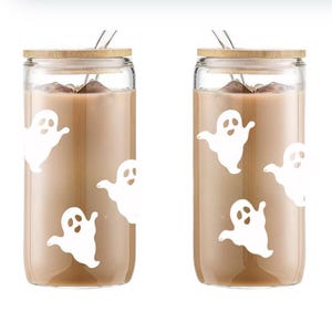 Ghost Pattern Glass Tumbler – Spooky Cute Aesthetic Iced Coffee Cup | 16oz with Bamboo Lid & Glass Straw