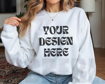 18000 White Mockup Gildan 18000 White Sweatshirt Mockup G18 Crewneck Mock-up Real Model Trendy Cozy Blonde Hair Necklace Boho Lifestyle Home