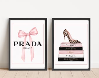 Pink Bow & Fashion Books Wall Art Set, Coquette Luxury Prints (Digital Download)