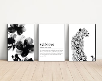 Set of 3 Black and White Prints | Floral, Leopard, Self-Love Definition (Digital Download)