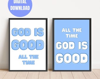Christian Wall Art Set | Blue "God Is Good All The Time" Quote Print (Digital Download)