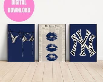 Navy Blue Wall Art Bundle | Zebra Bikini, Lips, NY Logo Prints (Digital Download)
