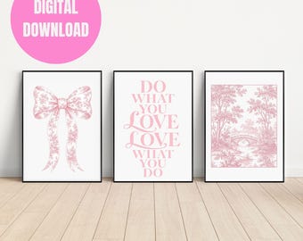 Pink Toile Wall Art Set, Coquette Bow Print, French Country Landscape (Digital Download)