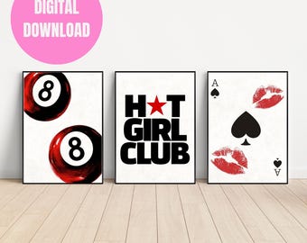 Y2K Rot Wall Art Set | Hot Girl Club, Pik-Ass, 8 Ball Poster (Digitaldruck)