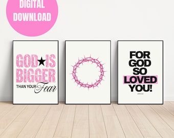 Pink Christian Wall Art, God Is Bigger Than Fear, Crown Thorns, Scripture Decor (Digital Download)
