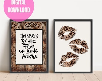 Leopard Print Lips & Quote Wall Art Set | Neutral Glam Fashion Poster (Digital Download)