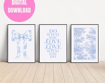 Blue Toile Coquette Wall Art Set of 3 | French Country Printable Art | Bow Print, Toile Landscape & Quote Poster | Blue Bedroom Decor