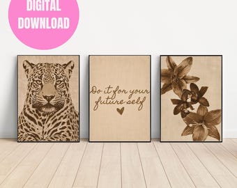 Neutral brun utskrivbar väggkonst set med 3 | Vintage leopard, blommigt botaniskt och motiverande citat | Minimalistisk digital nedladdning