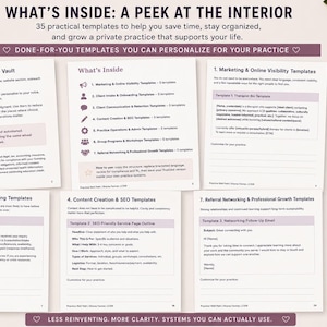 May include: A collection of printable business templates for private practice, featuring white pages with black text, purple headers, and sections for marketing, intake, client communication, content creation, operations, and professional growth.