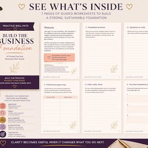 Peut inclure: Un classeur PDF imprimable de sept pages intitulé Build the Business Foundation, comprenant une page de couverture et cinq feuilles de travail guidées pour les thérapeutes. Le document inclut des sections pour l'inventaire, la vérification, le soutien, les politiques et les actions.