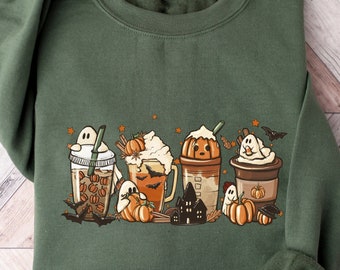Pumpkin Coffee Sweatshirt,Ghost Shirt,Halloween Gift,Halloween Women,Cute Halloween Tee,Halloween Crewneck,Pumpkin Latte Tee,Fall Sweatshirt