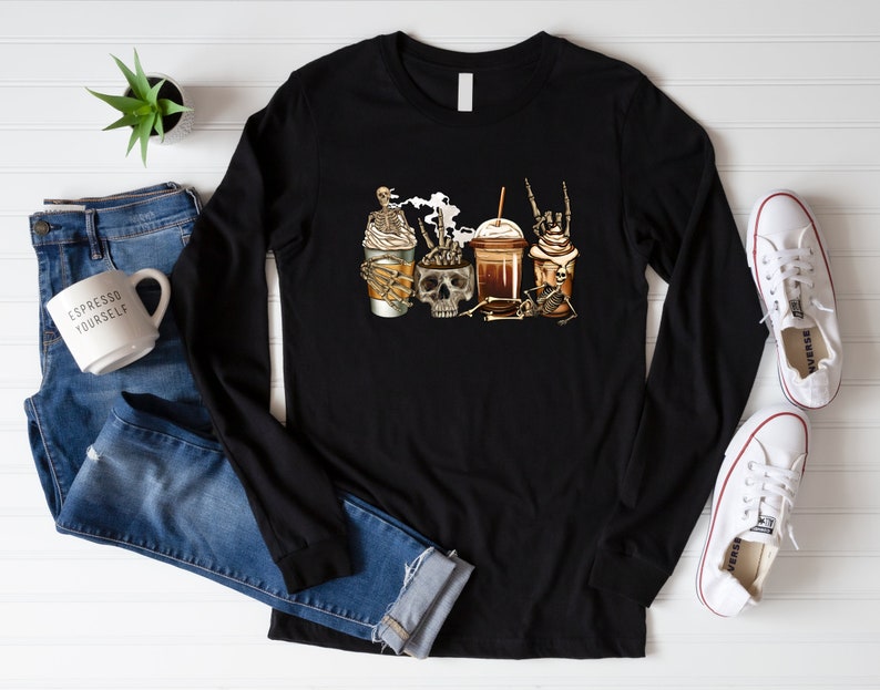 Skeleton Coffee Sweatshirt,Halloween Skull Shirt,Skull Coffee Cups,Halloween Coffee,Pumpkin Spice Shirt,Skull Costume,Halloween witches Tee Bild 2