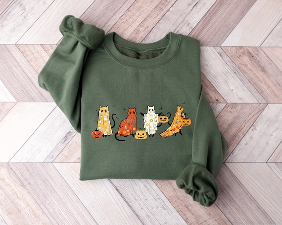 Ghost Cat Halloween Sweatshirt,Cat Lover Shirt,Black Cat Shirt,Halloween Long Sleeve,Spooky Season,Cute Fall Tee,Ghost Hoodie,Halloween Gift