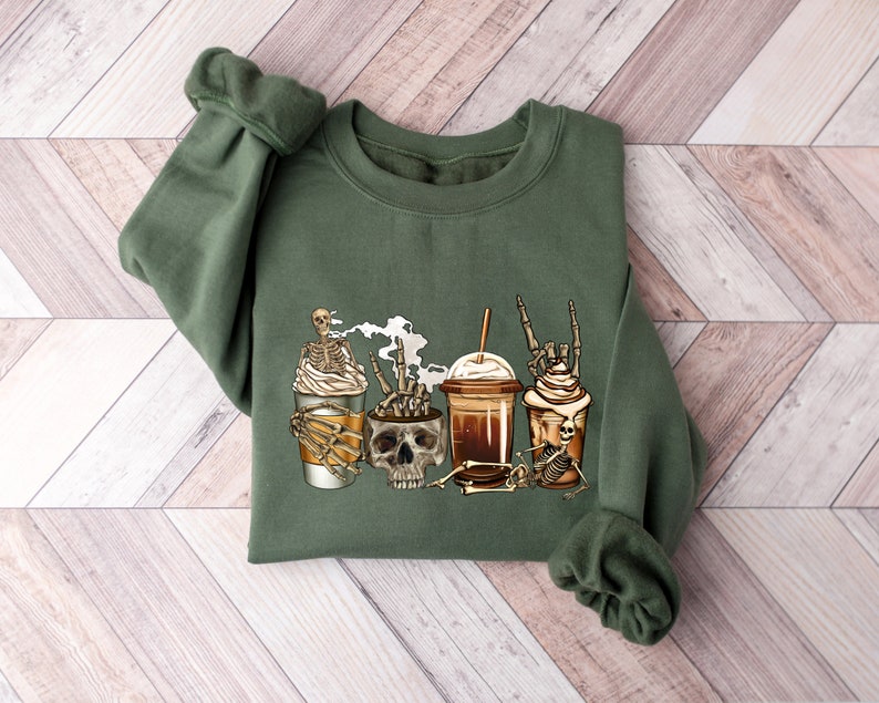 Skeleton Coffee Sweatshirt,Halloween Skull Shirt,Skull Coffee Cups,Halloween Coffee,Pumpkin Spice Shirt,Skull Costume,Halloween witches Tee Bild 3