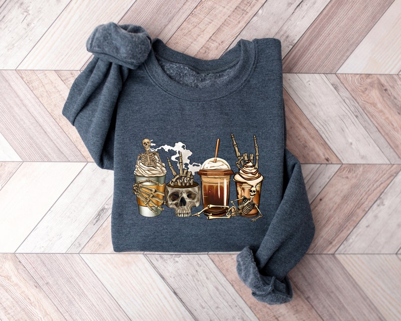Skeleton Coffee Sweatshirt,Halloween Skull Shirt,Skull Coffee Cups,Halloween Coffee,Pumpkin Spice Shirt,Skull Costume,Halloween witches Tee Bild 5
