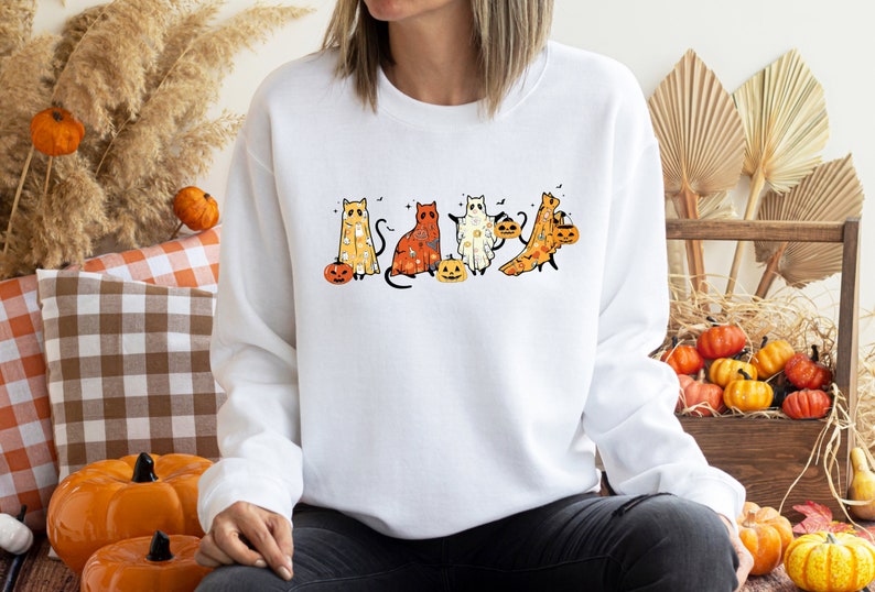 Ghost Cat Halloween Sweatshirt,Cat Lover Shirt,Black Cat Shirt,Halloween Long Sleeve,Spooky Season,Cute Fall Tee,Ghost Hoodie,Halloween Gift imagem 8