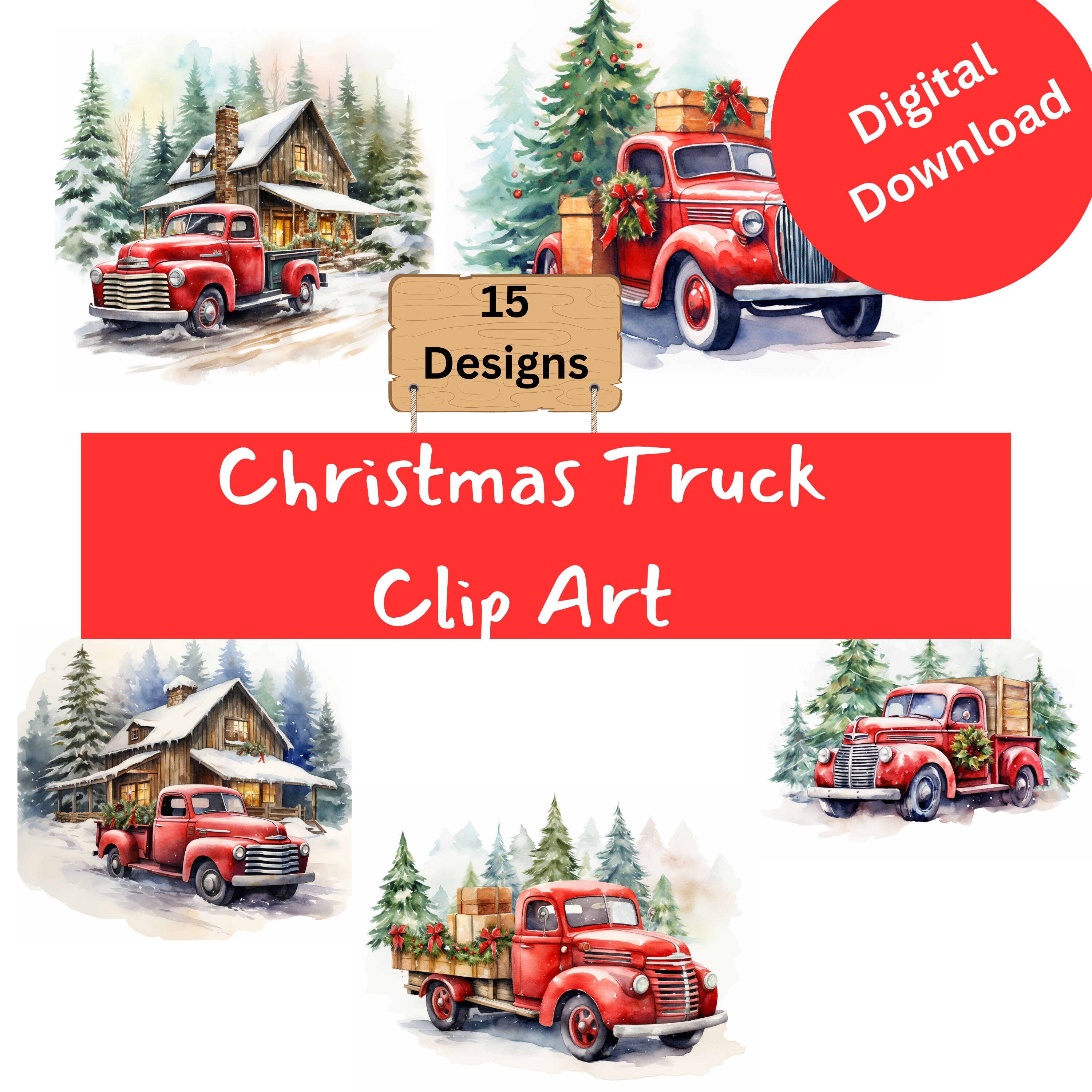 Vintage Red Truck Christmas Clipart Bundle 15 Holiday PNG Images for ...
