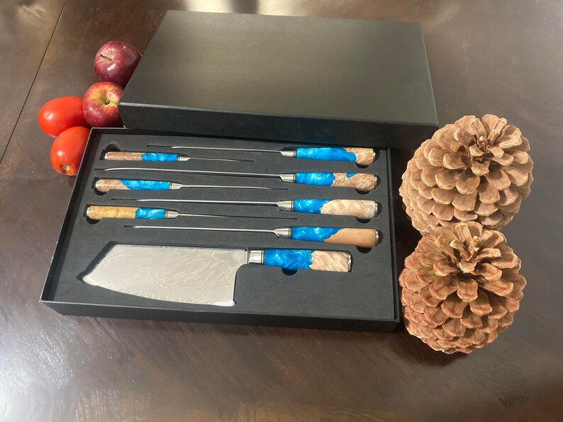 Damascus Steel Kitchen Knife Set, 67 Layer Japanese VG10 Steel, Blue