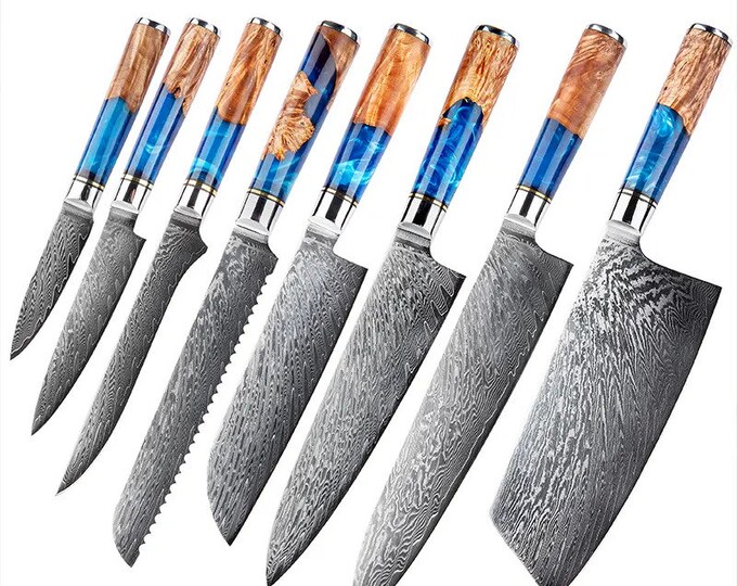 Damascus Steel Kitchen Knife Set, 67 Layer Japanese VG10 Steel, Blue