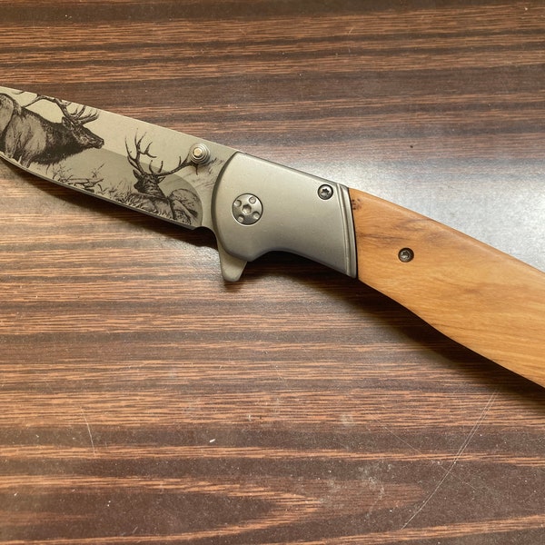 Elk Deer Mountain Laser Etched Camping Hunting Folding Pocket Knife