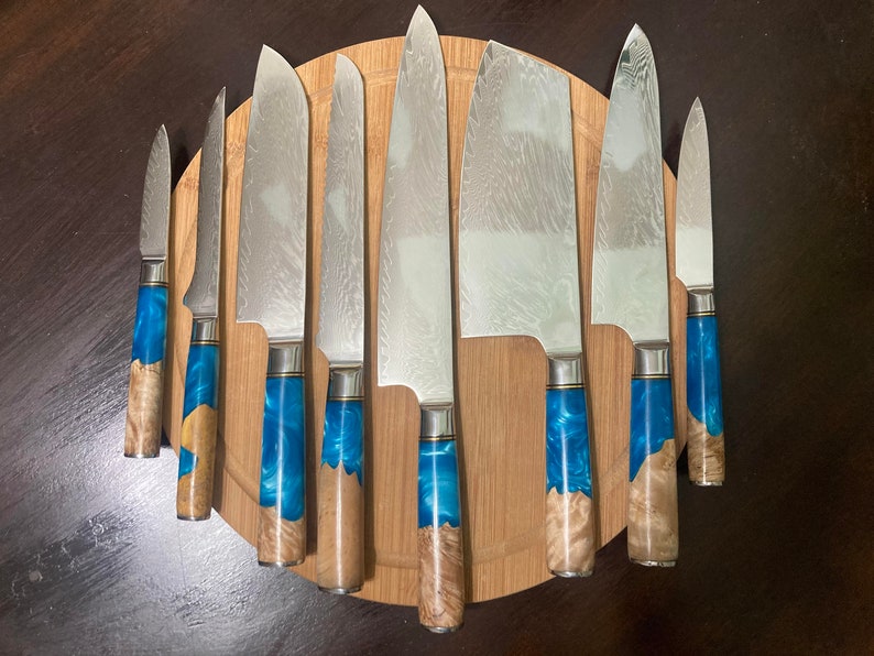 Damascus Steel Kitchen Knife Set, 67 Layer Japanese VG10 Steel, Blue