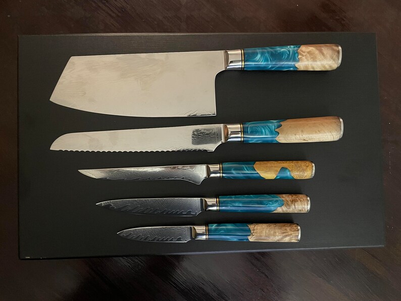 Damascus Steel Kitchen Knife Set, 67 Layer Japanese VG10 Steel, Blue