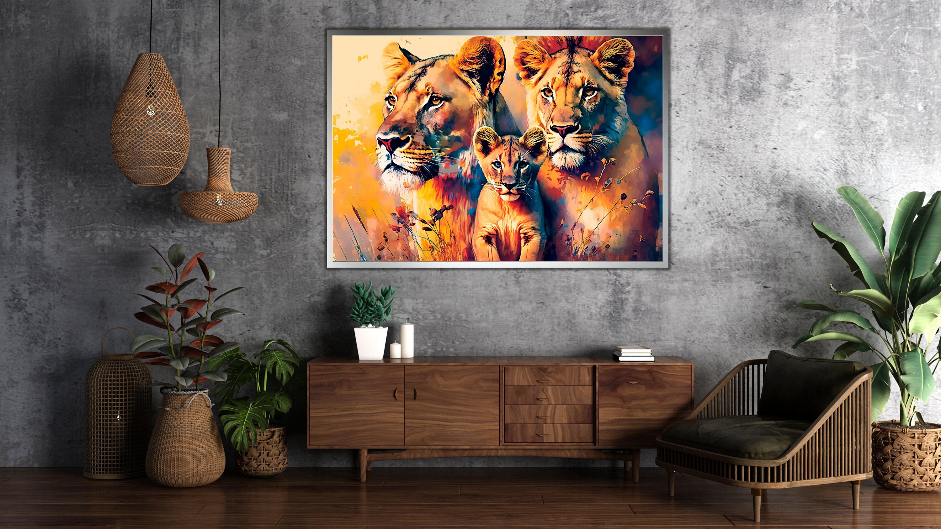 Lion Family Canvas Art Wildlife Poster Animal Painting Wall - Etsy