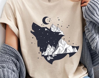 Mountain Wolf T-shirt, Gift For Nature Lover, Howling Wolf Shirt, Wolf T-Shirt, Mountain T-shirt, Night Wolf Shirt, Wolves Shirt