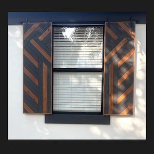 Modern barn door window shutters, Farmhouse window shutters, modern shutters, mid century modern shutters, wooden shutters, custom shutters