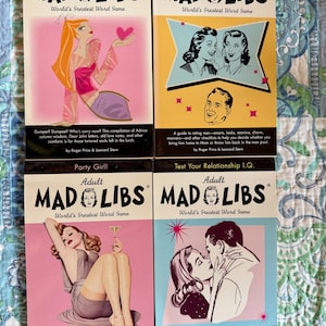 May include: Four vintage Adult Mad Libs books with retro illustrations. The covers feature illustrations of women and couples, with titles like "Advice for the Lovelorn" and "Test Your Relationship I.Q." The books are designed as a word game.