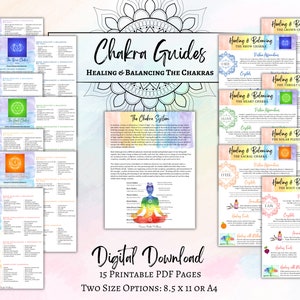 Guías de referencia imprimibles sobre los chakras, guías para equilibrar los chakras, hojas de referencia sobre los chakras, PDF descargable, posturas de yoga, cristales, afirmaciones