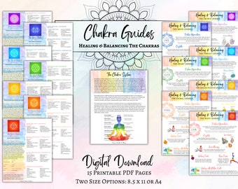 Chakra Printable Reference Guides, Chakra Balancing Guides, Chakra Cheat Sheets, Downloadable PDF, Yoga Poses, Crystals, Affirmations