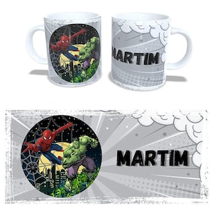 Spyderman/Hulk + Name Mug Design, Mug Wraps - Sublimation Designs - Mug Template - Mug Designs - Coffee Mugs, Plantillas para taza de cafe