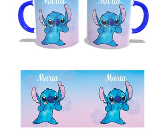 Stitch Cartoon + Name Mug Design, Mug Wraps - Sublimation Designs - Mug Template - Mug Designs - Coffee Mugs, Plantillas para taza de cafe