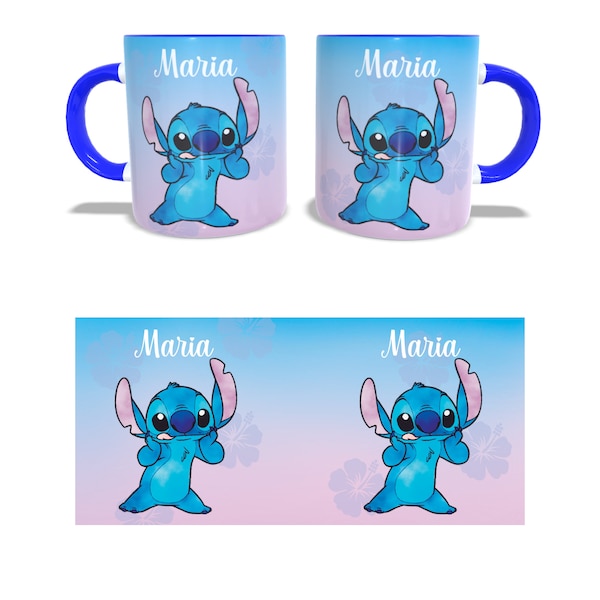 Stitch Cartoon + Name Mug Design, Mug Wraps - Conceptions de sublimation - Modèle de tasse - Conceptions de tasse - Tasses à café, Plantillas para taza de cafe