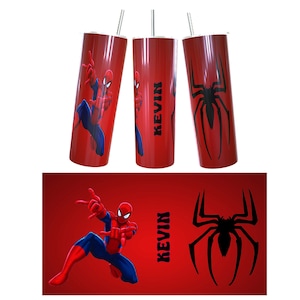 May include: Three red stainless steel tumblers with a Spiderman design. The tumblers have black lids and straws. The middle tumbler has the name "Kevin" printed on it. The bottom image shows a close-up of the Spiderman design and the name "Kevin" printed on a red background.