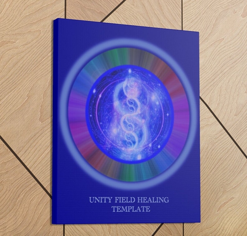 May include: A blue canvas with a circle in the center. The circle is filled with a colorful, swirling design. The circle is surrounded by a white ring. The text 'UNITY FIELD HEALING TEMPLATE' is printed in white at the bottom of the canvas.