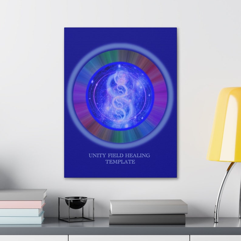 May include: A blue canvas print with a circle in the center. The circle is made up of a rainbow of colors with a white outline. Inside the circle is a blue and white symbol that looks like a double helix. The text 'UNITY FIELD HEALING TEMPLATE' is below the circle.