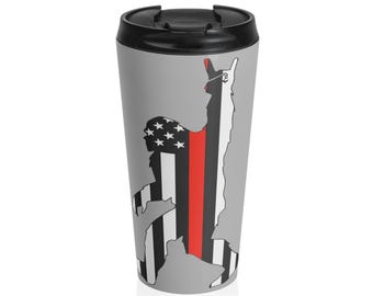 ステンレススチール製トラベルマグ、ビッグフットのプロフィールの細い赤い線の旗、愛国的なイエティカップ、サスカッチ断熱タンブラー、消防士へのギフト、