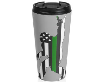 ビッグフット ステンレススチール トラベルマグ - 薄いグリーンラインフラッグ、サスカッチ アウトドア キャンプ カップ、クリプティッド イエティ ハイキング タンブラー、野生動物愛好家